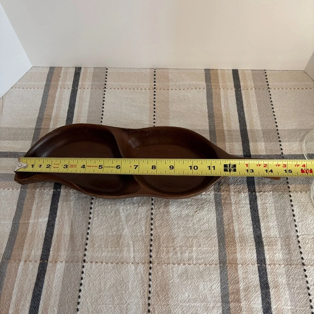 Mid Century Modern Teak Wood Divided Tray Quon Quon Handcrafted Pea Pod Leaf